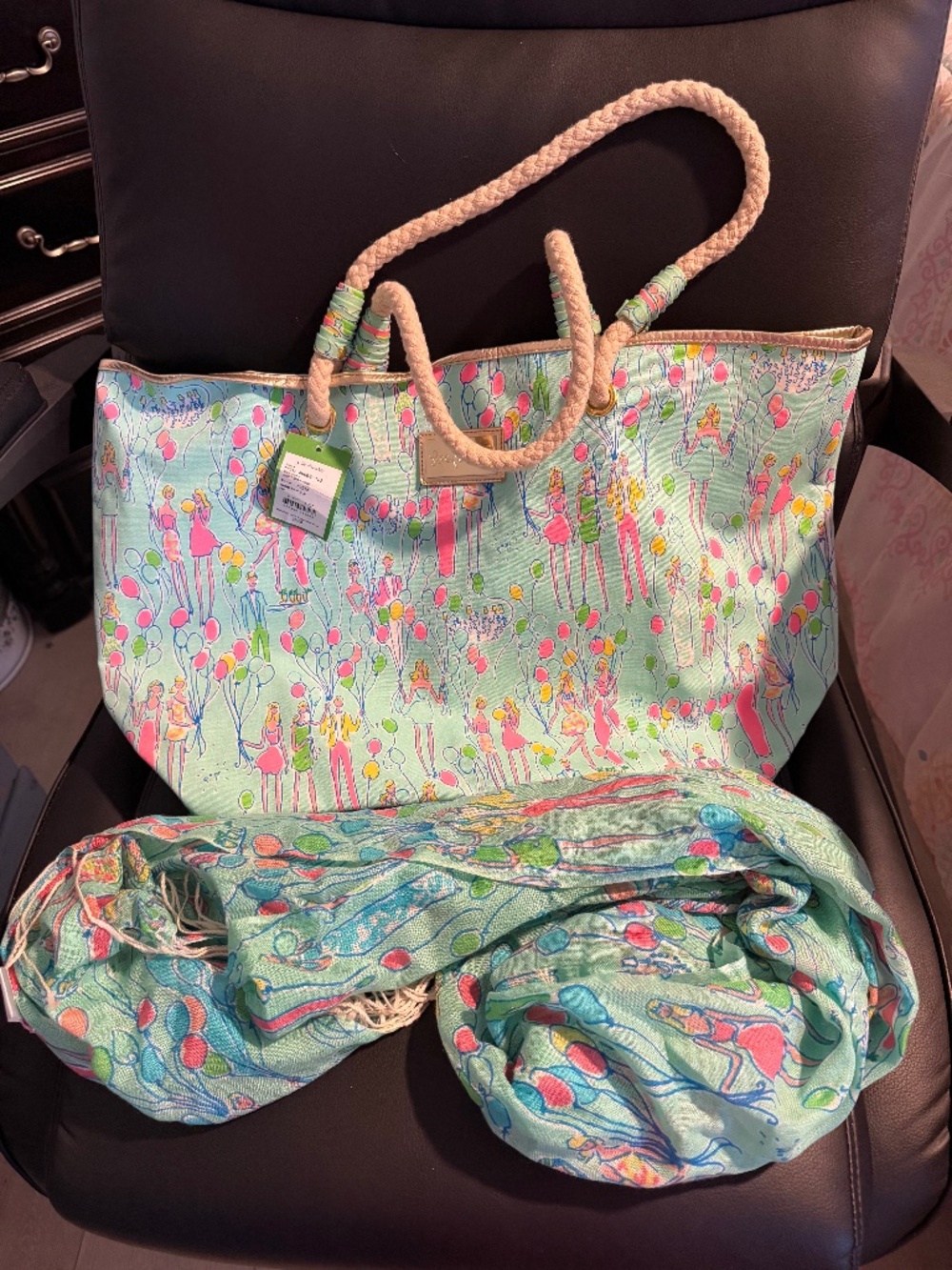 Lilly Pulitzer Party Tote of Murfree Scarf Sand Bar Blue POP NWT/EUC SET